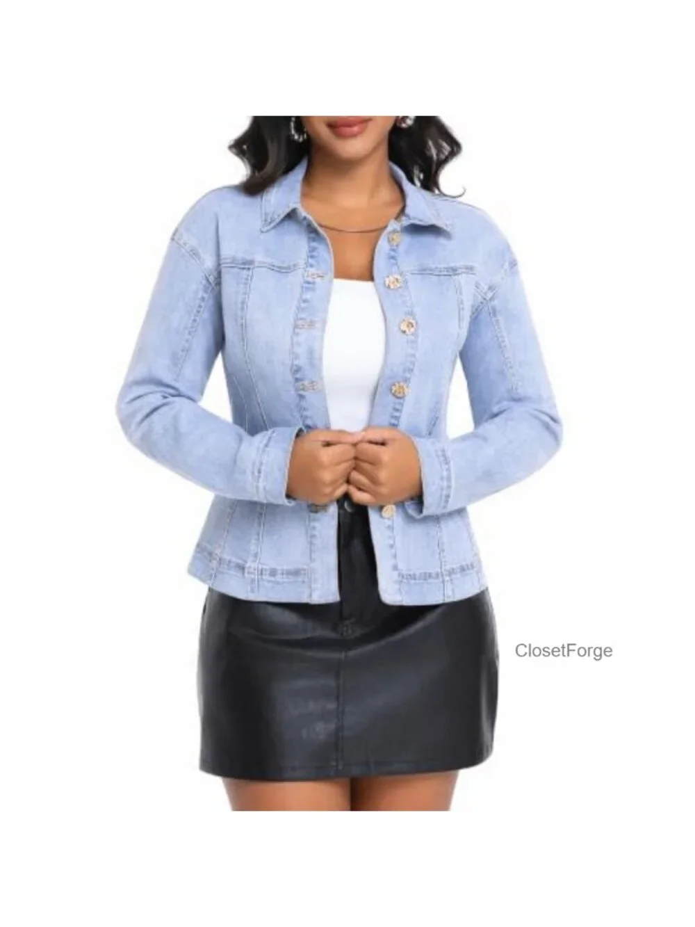 Women's Stretch Denim Jacket Cinched Waist Button Up Long Sleeve Jean Jacket